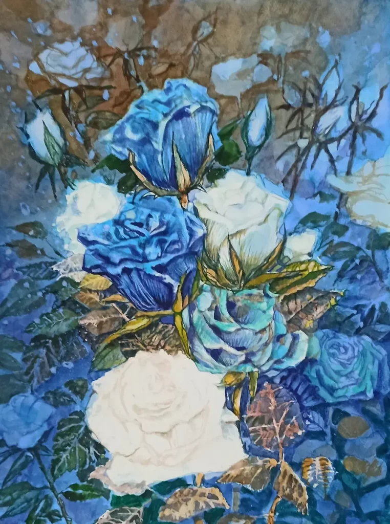 Obra Botones Azules en acuarela de Fernando Naranjo Espinoza
